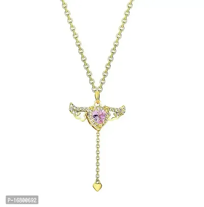 TRINETRI Gold Plated Stainless Steeel Pink Crystal Angel Wing Heart Pendant Westen Necklace For Woman Jewelry Girl Neck Chain Elegant Rhinestone Necklace.-thumb4