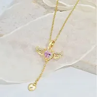 TRINETRI Gold Plated Stainless Steeel Pink Crystal Angel Wing Heart Pendant Westen Necklace For Woman Jewelry Girl Neck Chain Elegant Rhinestone Necklace.-thumb1