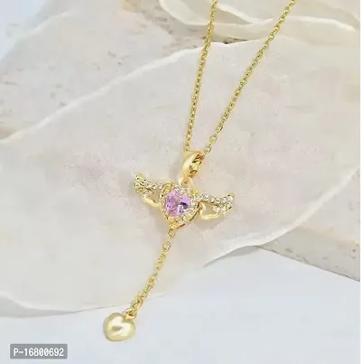 TRINETRI Gold Plated Stainless Steeel Pink Crystal Angel Wing Heart Pendant Westen Necklace For Woman Jewelry Girl Neck Chain Elegant Rhinestone Necklace.-thumb2