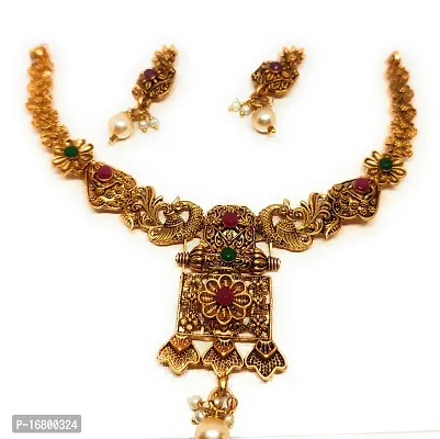 TRINETRI Traditional South Indian Matte Finish Peacock Design Multi Color Stone Necklace Set with Golden Pearls for Women and Girls