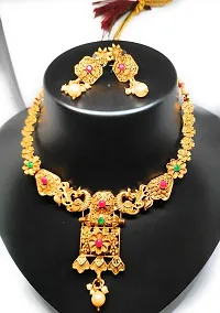 TRINETRI Traditional South Indian Matte Finish Peacock Design Multi Color Stone Necklace Set with Golden Pearls for Women and Girls-thumb3