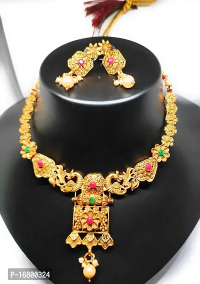 TRINETRI Traditional South Indian Matte Finish Peacock Design Multi Color Stone Necklace Set with Golden Pearls for Women and Girls-thumb4