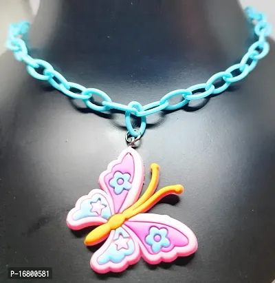 TRINETRI Sky Blue Butterfly Rubber Pendant Cute Candy Color Kids Plastic Chain Neckalce for Girls (Sky Blue)-thumb3