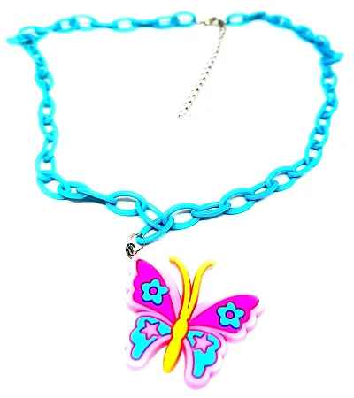 TRINETRI Butterfly Rubber Pendant Cute Candy Color Kids Plastic Chain Neckalce for Girls (Sky Blue)