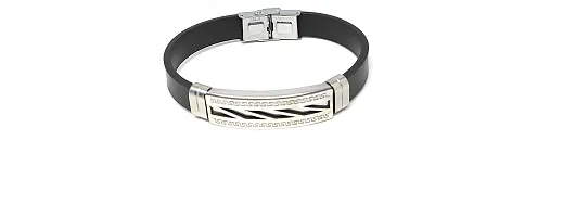 TRINETRI trending Black Stainless Steel Silicon Wrist vertical design Band Customized Personalised Letter Bracelet Men