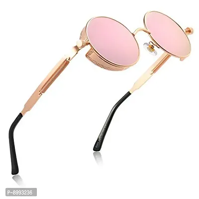 Arzonai Metal Steampunk Round Sunglasses Pack of 2, (Medium) (Blue,Pink)-thumb5