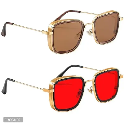 Arzonai Carryminati Mens Square Sunglasses Golden Frame, Red  Brown Lens (Medium) Pack of 2