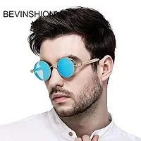 Arzonai Mens Round Sunglasses, Golden Frame, Blue Mirror Lens (Large) Pack of 1-thumb2