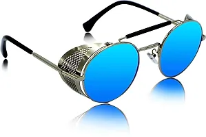 Arzonai Metal Steampunk Round Unisex Sunglasses Pack of 1 (Large) Silver Frame, Blue Mirror Lens-thumb2