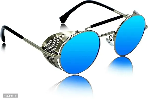 Arzonai Metal Steampunk Round Unisex Sunglasses Pack of 1 (Large) Silver Frame, Blue Mirror Lens-thumb3