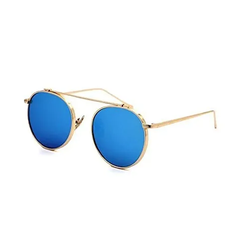 Allu Arjun Inspired Round Metal New Latest Stylish Unisex Sunglasses (Gold-Blue-Mirror)