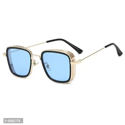 ARZONAI Unisex Carryminati Square Sunglasses (Golden Frame, Blue Mirror Lens, Large)