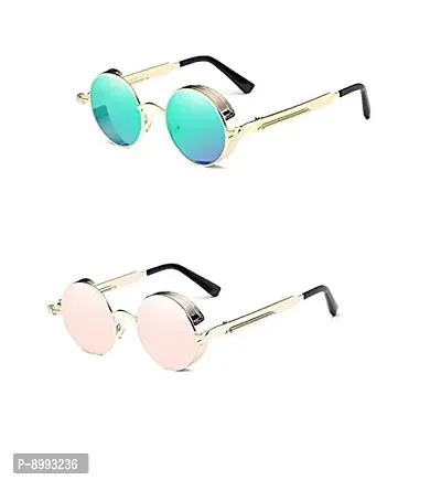 Arzonai Metal Steampunk Round Sunglasses Pack of 2, (Medium) (Blue,Pink)