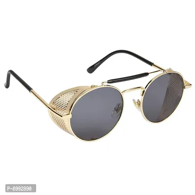 Arzonai Metal Steampunk Round Unisex Sunglasses Pack of 1 (Large) Golden Frame, Black Lens-thumb3