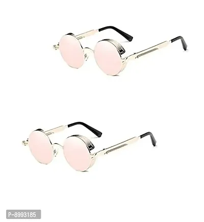 Arzonai Metal Steampunk Round Sunglasses Pack of 2, (Medium) (Pink,Pink)