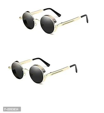 Arzonai Metal Steampunk Round Sunglasses Pack of 2, (Medium) (Black,Black)