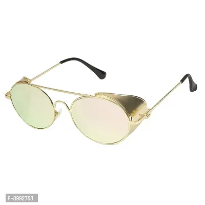 Arzonai Metal Steampunk Round Unisex Sunglasses Pack of 1 (Large) Golden Frame, Pink Mirror Lens