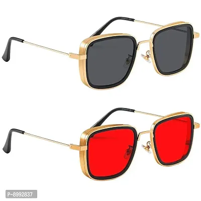 ARZONAI Men Square Sunglasses Red, Black Frame, Red, Black Lens (Medium) - Pack of 2