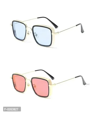ARZONAI Men Square Sunglasses Pink,Blue Frame, Pink, Blue Lens (Medium) - Pack of 2