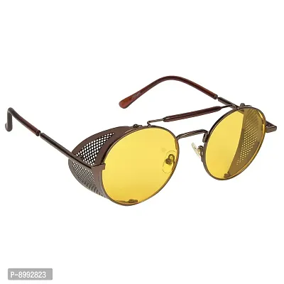 Arzonai Metal Steampunk Round Unisex Sunglasses Pack of 1 (Large) Brown Frame, yellow Lens-thumb3