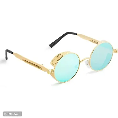 Arzonai Mens Round Sunglasses, Golden Frame, Blue Mirror Lens (Large) Pack of 1