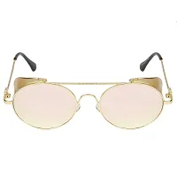 Arzonai Metal Steampunk Round Unisex Sunglasses Pack of 1 (Large) Golden Frame, Pink Mirror Lens-thumb1