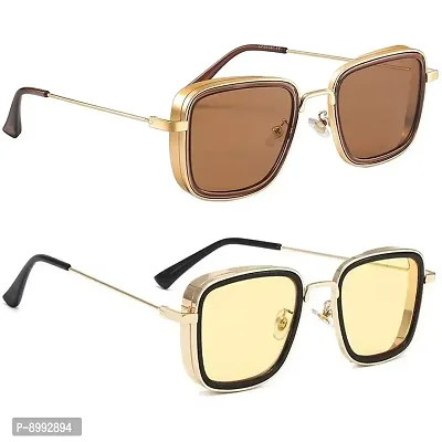 Arzonai Carryminati Mens Square Sunglasses Golden Frame, Yellow  Brown Lens (Medium) Pack of 2