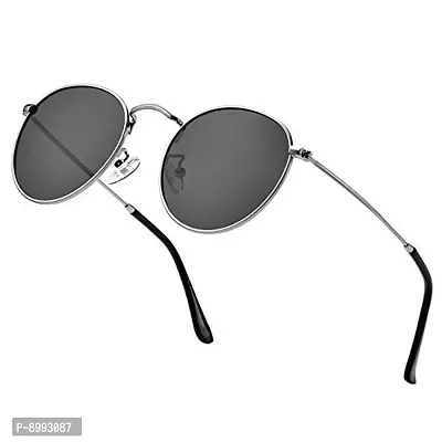 Arzonai Round Metal Unisex Sunglasses Silver Frame, Black Lens (Medium) Pack of 1