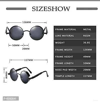 ARZONAI UV400 Classic Steampunk Vintage Round Metal Frame Black Unisex Sunglasses (Medium )-thumb3