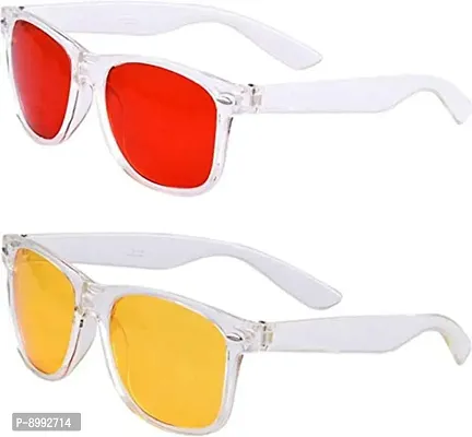 Arzonai Square Unisex Sunglasses , Transarent Frame, Yellow  Red Lens (Medium) Pack of 2