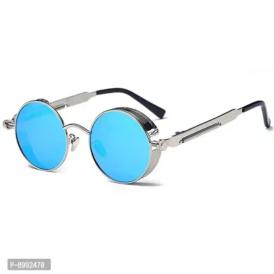 Arzonai Mens Round Sunglasses, Silver Frame, Blue Mirror Lens (Large) Pack of 1