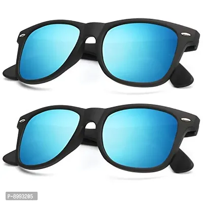 Arzonai Mens Square Sunglasses , Black Frame , Blue Mirror Lens (Medium) Pack of 2