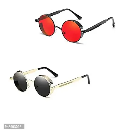 Arzonai Metal Steampunk Round Sunglasses Pack of 2, (Medium) (Red,Black)