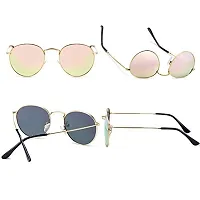 Arzonai Round Metal Unisex Sunglasses Golden Frame, Pink Mirror Lens (Medium) Pack of 1-thumb3