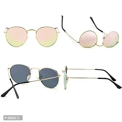 Arzonai Round Metal Unisex Sunglasses Golden Frame, Pink Mirror Lens (Medium) Pack of 1-thumb4