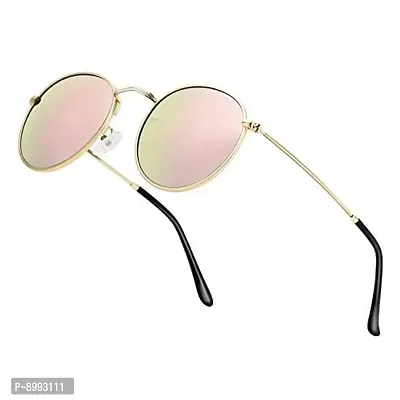 Arzonai Round Metal Unisex Sunglasses Golden Frame, Pink Mirror Lens (Medium) Pack of 1