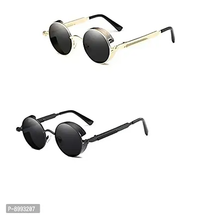 Arzonai Metal Steampunk Round Sunglasses Pack of 2, (Medium) (Black,Black)