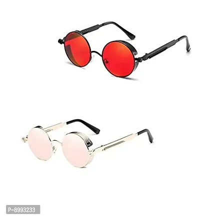 Arzonai Metal Steampunk Round Sunglasses Pack of 2, (Medium) (Red,Pink)