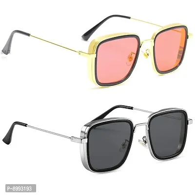 ARZONAI Men Square Sunglasses Pink, Black Frame, Pink, Black Lens (Medium) - Pack of 2