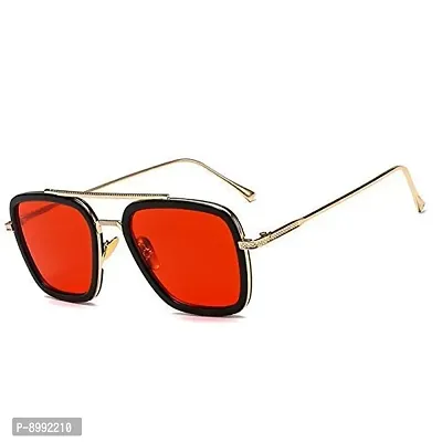 ARZONAI Men's Square Sunglasses (Golden Frame, Red Lens) (Medium)