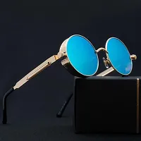 Arzonai Mens Round Sunglasses, Golden Frame, Blue Mirror Lens (Large) Pack of 1-thumb1