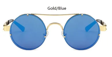 Arzonai Steampunk Men Round Sunglasses Golden Frame , Blue Mirror Lens (Large) Pack of 1-thumb1