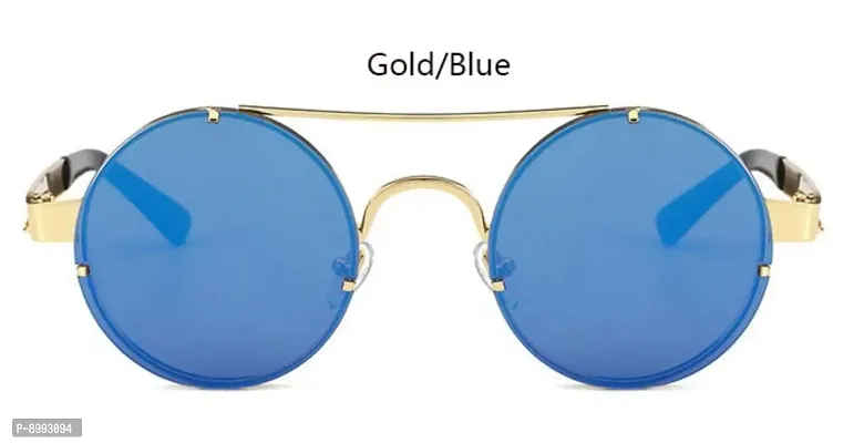Arzonai Steampunk Men Round Sunglasses Golden Frame , Blue Mirror Lens (Large) Pack of 1-thumb2