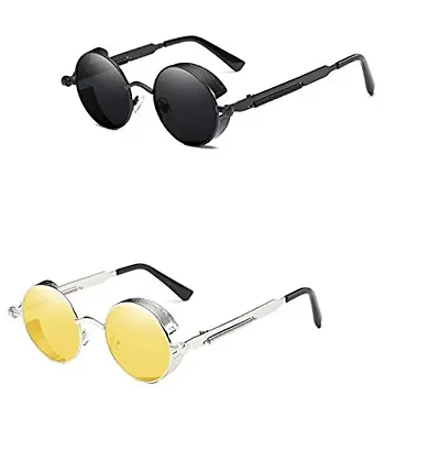 Arzonai Metal Steampunk Round Sunglasses Pack of 2, (Medium) (Black,Yellow)