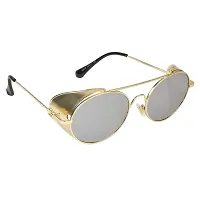 Arzonai Metal Steampunk Round Unisex Sunglasses Pack of 1 (Large) golden Frame, Blue Mirror Lens-thumb2