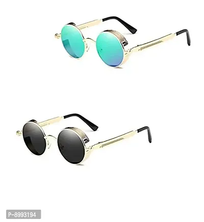 Arzonai Metal Steampunk Round Sunglasses Pack of 2, (Medium) (Blue,Black)