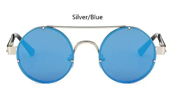 ARZONAI Mens Steampunk Round Sunglasses Frame Colour- Silver , Lens Colour- Blue ,(Medium) ndash; Pack of 1-thumb1