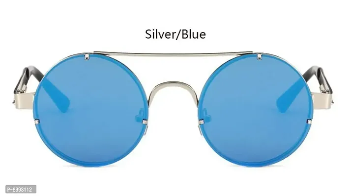 ARZONAI Mens Steampunk Round Sunglasses Frame Colour- Silver , Lens Colour- Blue ,(Medium) ndash; Pack of 1-thumb2