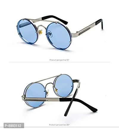 ARZONAI Mens Steampunk Round Sunglasses Frame Colour- Silver , Lens Colour- Blue ,(Medium) ndash; Pack of 1-thumb3