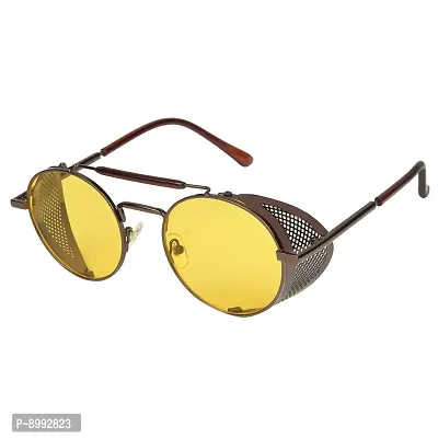 Arzonai Metal Steampunk Round Unisex Sunglasses Pack of 1 (Large) Brown Frame, yellow Lens